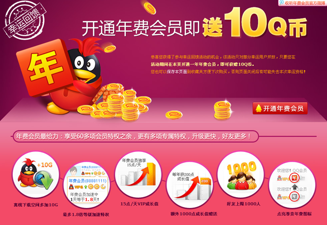 幸运大回馈 开通年费会员就送10Q币了